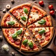 © shaadjutt36 - Delicious pizza topped with cheese, tomato on wooden table. Pizza surrounded by natural fresh ingredients mozzarella, basil, garlic and tomato.