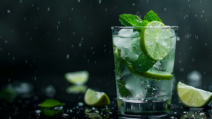 Wall Mural - mojito cocktail splashing around, with lime and mint leaves on a dark backdrop ,Mojito cocktail with lime and mint splashing on white background ,Summer refreshing drink