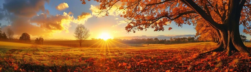 Wall Mural - Autumn Sunrise Over Scenic Countryside Landscape