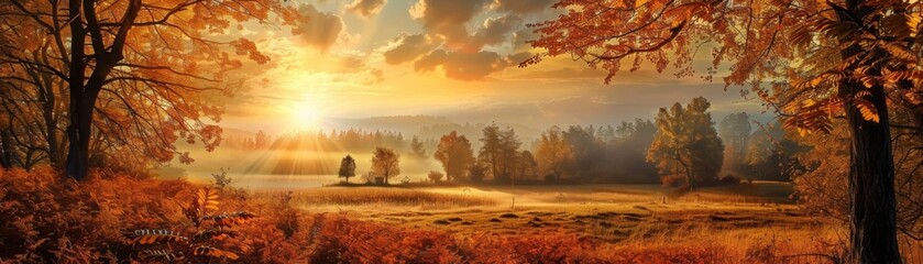 Wall Mural - Autumn Sunrise Over Scenic Countryside Landscape