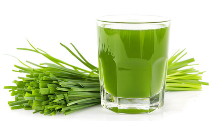 Wall Mural - wheatgrass juice glass with fresh wheatgrass around, Green Organic Wheat Grass Juice ready to drink ,Wheatgrass juice with sprouted wheat isolated on white background