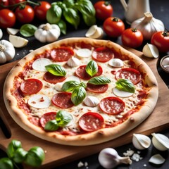 Freshly baked pepperoni pizza on wooden tray, surrounded by natural fresh ingredients mozzarella, basil, garlic and tomato.