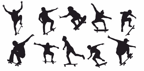set of skater silhouettes. collection of skate boarder on isolated white background.