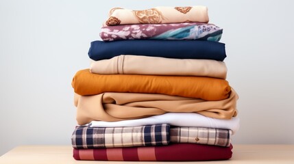 A stack of cotton light pastel clothes close-up on a light background.