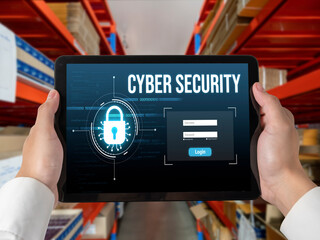 Poster - cyber security system on computer screen protect private information snugly from hacker and cyber at