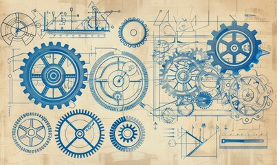  Vintage Blueprint-Style Illustration of Various Cogs and Gears