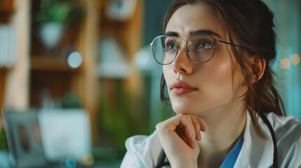 Poster - A thought-provoking close-up portrait of a female doctor deep in thought, her mind focused on solving a complex medical mystery.