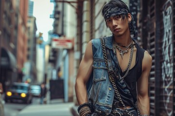 A street style photo of a young man wearing a denim vest and a chain around his neck