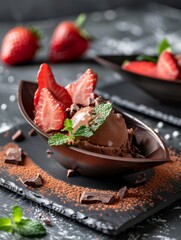 Wall Mural - Delicious chocolate dessert with fresh strawberries