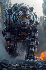 Wall Mural - Colossal Mechanized Cyborg Tiger Warrior Strides Through Devastated Cityscape Amid Billowing Smoke and Debris