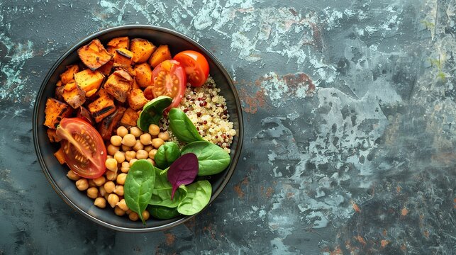 Healthy vegetarian lunch bowl, quinoa, sweet potato, tomato, spinach and chickpea salad. There is space for text