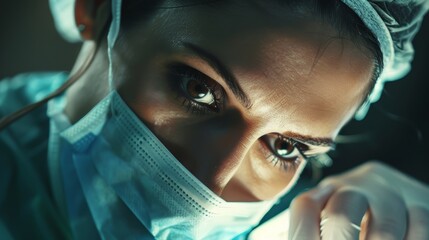 Poster - An awe-inspiring close-up portrait of a female doctor performing a groundbreaking medical procedure, her expertise and innovation shining through.