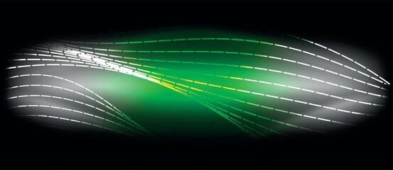 Poster - The image depicts a green and white wave against a black background. It combines elements of water, technology, visual effects, and lighting techniques