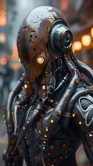 Sticker - Cyborg Octopus Warrior in Dystopian Cityscape with Dramatic Lighting and Cinematic Photographic Style