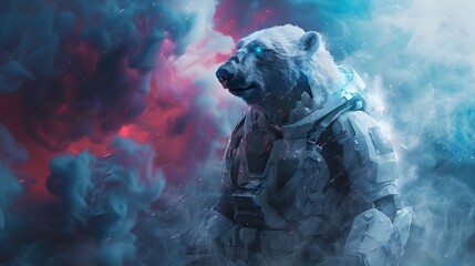 Canvas Print - Cyborg Polar Bear Warrior Stands Majestically in Swirling Vortex of Colorful Smoke with Futuristic Cybernetic Enhancements