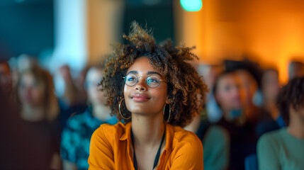 A woman with glasses confidently leads a group of people in a discussion, sitting at the forefront