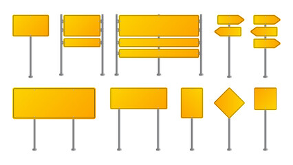 Road Traffic Sign Mockup Vector Illustration. Blank Board, Information, Direction. Realistic Blank Signboards on Roads. Yellow Blank Boards and Traffic Road Signs. Vector.