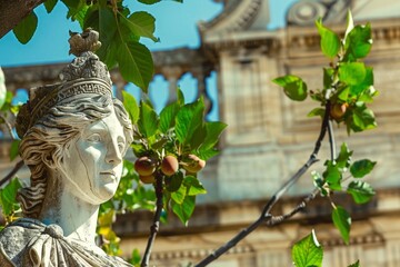 Sticker - ancient stone statue in garden with leaves and fruit