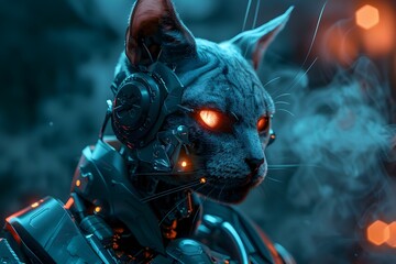 Sticker - Electrifying Cyborg Cat Warrior in Futuristic Biomechanical Pose Against Moody Smoke-Filled Background