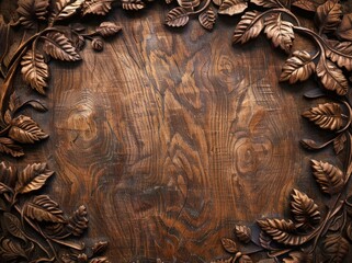 Wall Mural - Carved wooden leaves frame on rustic wooden background