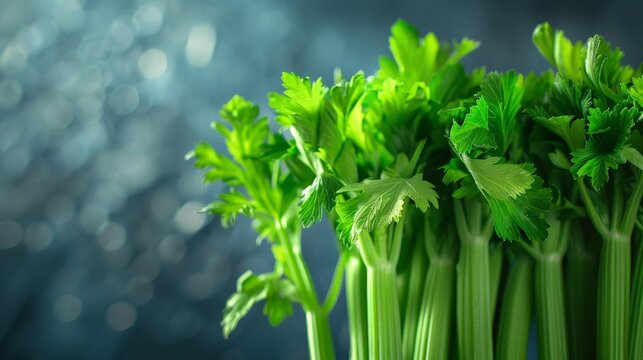 Fresh green celery stalks with leaves
