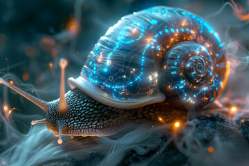 Wall Mural - Mesmerizing 3D Depiction of Cyborg Snail Warrior Amid Neon-Tinged Smoke Vortex