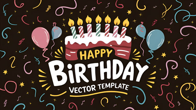 Happy birthday vector template design. Birthday greeting text with cake, candle, balloons and streamers decoration elements in black background.