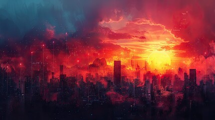 Poster - A painting of a sunrise illuminating a rising line graph, representing new opportunities for growth. stock image