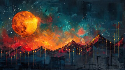 Poster - a painting of a sunrise illuminating a rising line graph, representing new opportunities for growth.