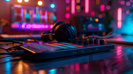Poster - A portable equalizer clipped to a pair of headphones, with a colorful music streaming app open on a smartphone in the background.