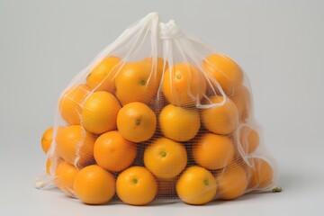 Oranges in red net isolated on white close up
