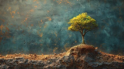 Poster - A painting of a tree growing beside a rising arrow, symbolizing natural growth and expansion. photo