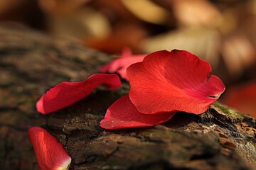 Poster - Vibrant red flower petals on wooden surface