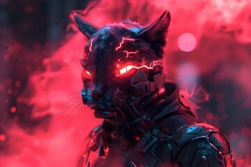 Canvas Print - Powerful Cybernetic Cat Warrior in Dramatic Smoky Action Pose with Cinematic Details