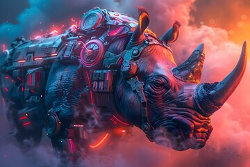 Poster - Powerful Cybernetic Rhinoceros Warrior in Vibrant Swirling Smoke Backdrop, 3D of Intricate Biomechanical Design