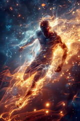 Sticker - Powerful Athletes Bursting Forth from Swirling Vortex of Light and Energy in Dynamic Futurist Photomontage