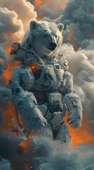 Canvas Print - Powerful Cyborg Polar Bear Warrior Amid Dramatic Swirling Smoke Vortex