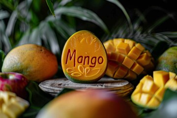 Wall Mural - Tropical mango fruit on wooden background