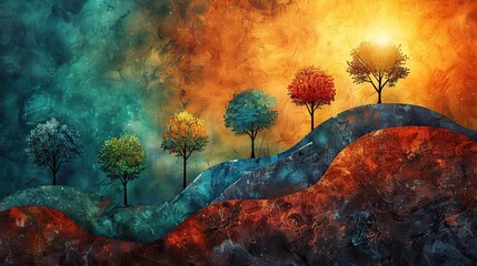 Poster - A painting of a tree with leaves forming a line graph, representing natural growth. stock photo