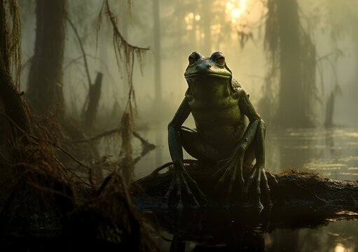 A green frog sits on a branch in a misty swamp. AI.