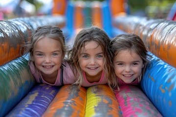 Three little girls playing on the water slide