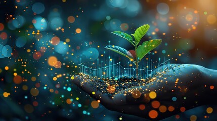 Poster - An abstract depiction of a hand nurturing a plant with a rising chart, symbolizing fostering growth. stock photo