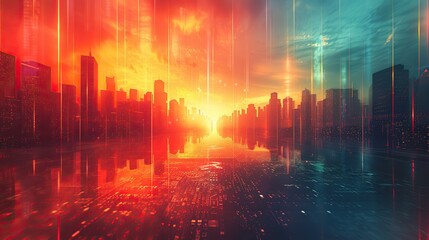 Poster - An abstract depiction of a sunrise over a bar chart, symbolizing a bright future. stock image