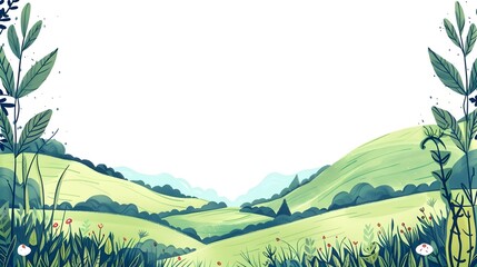 Wall Mural - Rolling Green Hills and Meadows with Blank Space for Earth Day Doodle Border Design