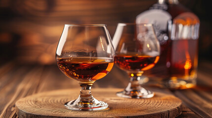 two glasses of brandy, whisky on wooden table with bottle in background, with empty copy space