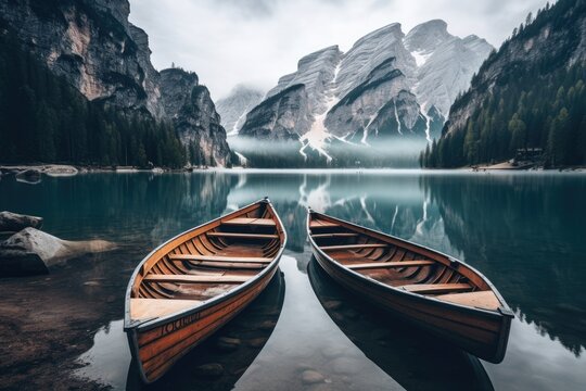 a group of boats standing on the shore of a mountain lake.