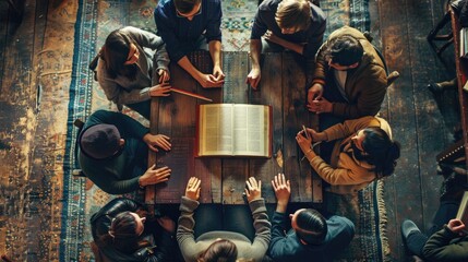 A group of people are sitting in a circle around an open book, with their heads bowed in prayer. AIG535