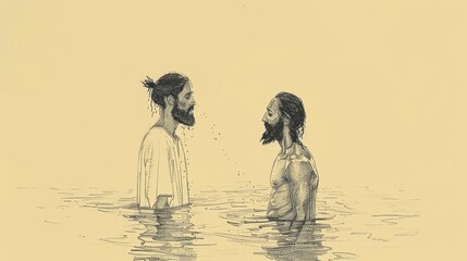 Jesus Being Baptized by John in the Jordan River, Biblical Illustration of Renewal and Faith, Ideal for Religious article