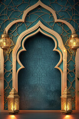 Wall Mural - Vertical Ramadan Kareem background. Eid Mubarak, greeting background with mosque, lantern and islamic pattern.