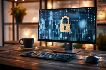 Canvas Print - Desktop computer displaying a glowing padlock icon on a cloud network for data security in a high tech setting